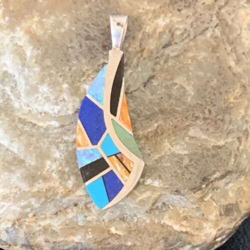 Navajo Spiny Blue Opal Lapis Pendant | Sterling Silver Inlay | Authentic Native American Handmade | 12276