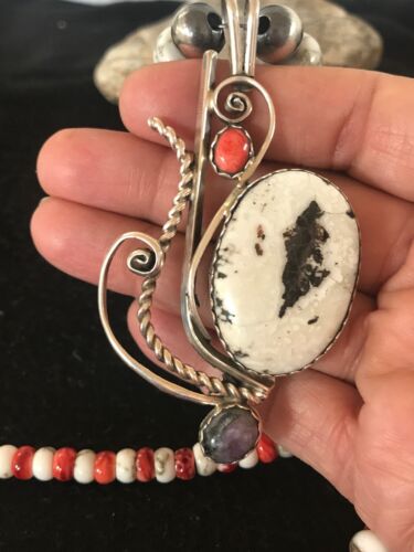 Navajo White Turquoise & Spiny Oyster Pendant Necklace | Authentic Native American Sterling Silver | Multi-Stone | 8645