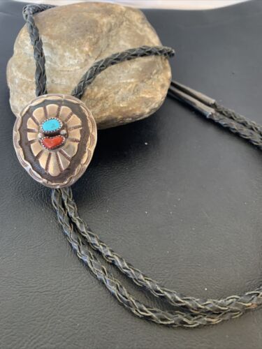 Navajo Turquoise Coral Bolo Tie | Sterling Silver | Authentic Native American Handmade | 1999 Bolo