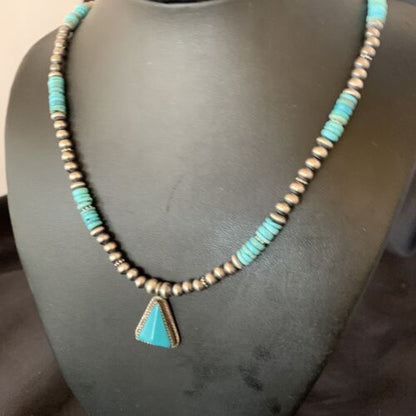 Men's Blue Turquoise Pendant Necklace | Navajo Pearls | Sterling Silver | Native American Handmade | 12616