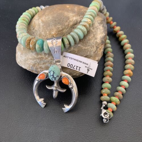 Navajo Pearl Necklace with Sterling Silver Green Turquoise & Spiny Oyster Naja Pendant | 11700