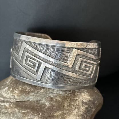Handmade Sterling Silver Navajo Stamped Cuff Bracelet | Authentic Native American Jewelry | 14590