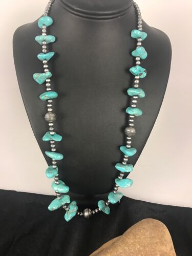 Southwestern | Santo Domingo Kingman Turquoise Bead Necklace | Authentic Native American Handmade | 26" | Quinta 8348