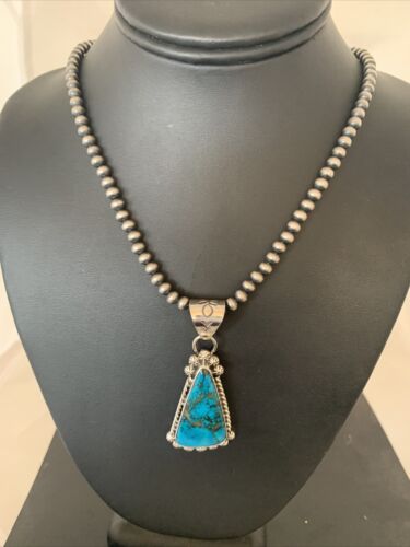 Navajo Pearls Sterling Silver Blue Spiderweb Turquoise Necklace Pendant | Men's Southwestern | 00861