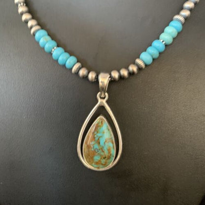 Navajo Blue Turquoise Pendant Necklace | Sterling Silver | Authentic Native American Handmade | 13869
