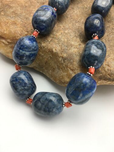 Southwestern Denim Chunky Lapis Coral Necklace | Sterling Silver | 21" | 2817