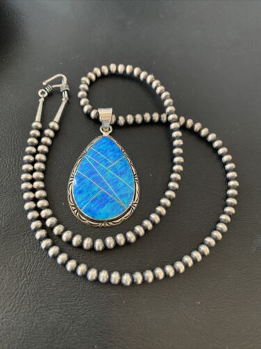 Native American Women's Navajo Blue Faux Opal Pendant | Sterling Silver | 2.30" | 01896