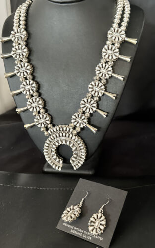 Navajo Dual Side Blue White Buffalo Turquoise Squash Blossom Necklace | Sterling Silver | 14457