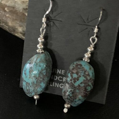 Navajo Turquoise Bead Nugget Earrings | Sterling Silver Pearls | 1" | Authentic Native American Handmade | 12891