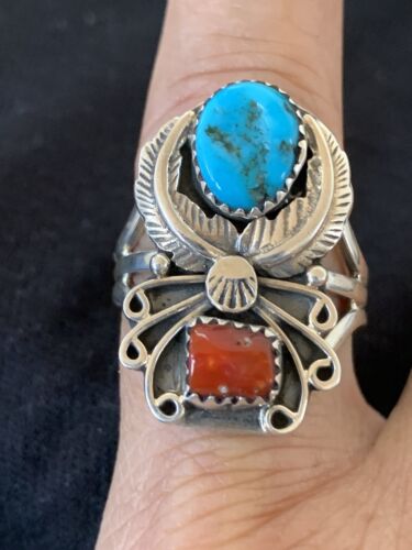 Authentic Navajo Kingman Turquoise & Coral Ring | Sterling Silver | Sz 14 | Native American Jewelry