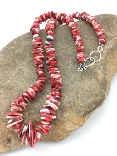Native American Red Spiny Oyster Navajo Sterling Silver 18” Necklace 4767