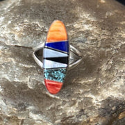 Navajo Sterling Silver Multi-Color Red Spiny Oyster Lapis Inlay Ring Sz 6 | Handmade | 14725