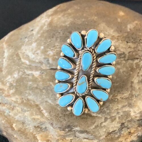 Navajo Blue Cluster Turquoise Needlepoint Ring | Authentic Native American Sterling Silver | Multi-Stone | Sz 8 | 11941