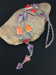 Navajo Spiny Oyster Pendant Necklace | Sterling Silver Lariat | Authentic Native American Handmade | 4904