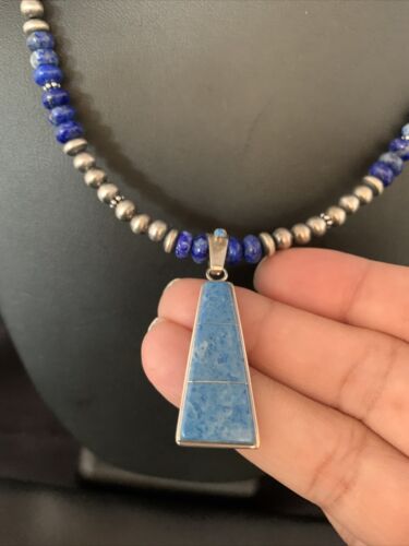 Navajo Blue Denim Lapis Necklace with Inlay Pendant | Sterling Silver | Authentic Native American Handmade | 13491