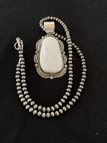 Sterling Silver Navajo White Buffalo Turquoise Pendant | Men's Necklace  | 00340 | Native American Handmade