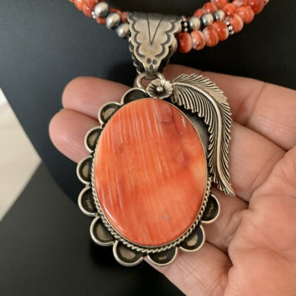 Navajo Red Spiny Oyster Pendant Necklace | 3 Strand Sterling Silver | Native American Handmade | 1327