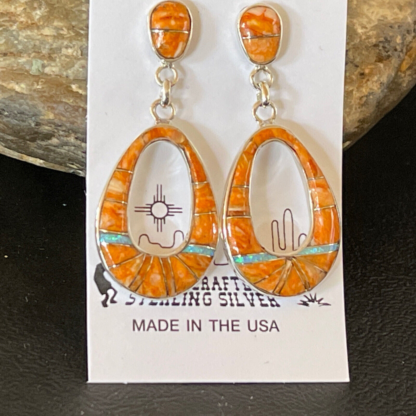 Navajo Sterling Silver Opal Orange Spiny Oyster Inlay Dangle Earrings | Authentic Native American Handmade | 1545 - Masha USA