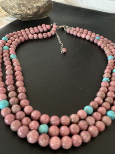 Navajo Turquoise Rhodochrosite Necklace | Sterling Silver | 3 Strand | Authentic Native American Handmade | 01993