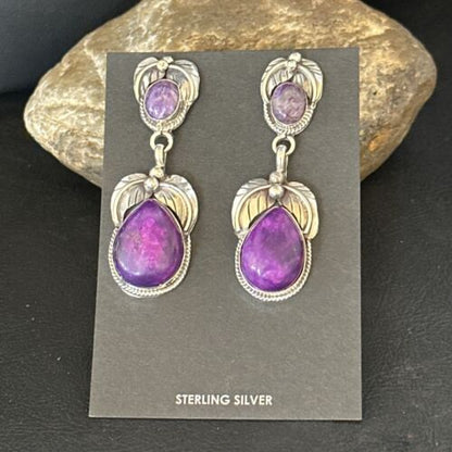 Navajo Purple Sugilite Dangle Earrings | Sterling Silver | 2" | Authentic Native American Handmade | 14403