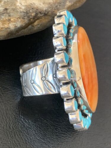 Navajo Blue Turquoise & Spiny Oyster Cluster Ring | Authentic Native American Sterling Silver | Multi-Stone | Sz 9-12 | 10628