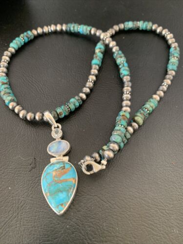 Navajo Pearls Necklace with Blue Mojave Turquoise Moon Pendant | Authentic Native American Sterling Silver | Multi-Stone | 11912