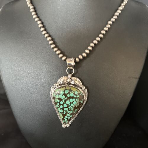 Men's Navajo Blue Spiderweb Turquoise Pendant Necklace | Sterling Silver | Authentic Native American Handmade | 14257