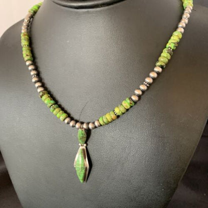 Navajo Green Gaspeite Turquoise Inlay Pendant | Sterling Silver | Authentic Native American Handmade | 13267