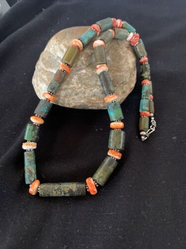 Navajo Green Turquoise and Spiny Oyster Necklace | Sterling Silver | Authentic Native American Handmade | 24" | 893