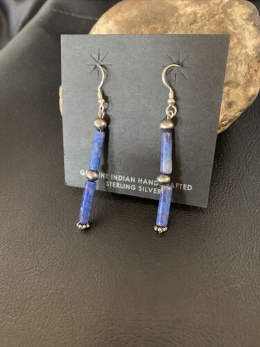 Navajo Denim Lapis Lazuli Bead Dangle Drop Earrings | Sterling Silver | Authentic Native American Handmade | 13040
