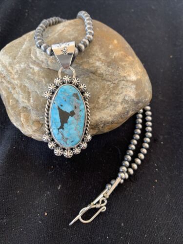 USA Mens Navajo Pearls Sterling Blue Kingman Turquoise Necklace Pendant 841