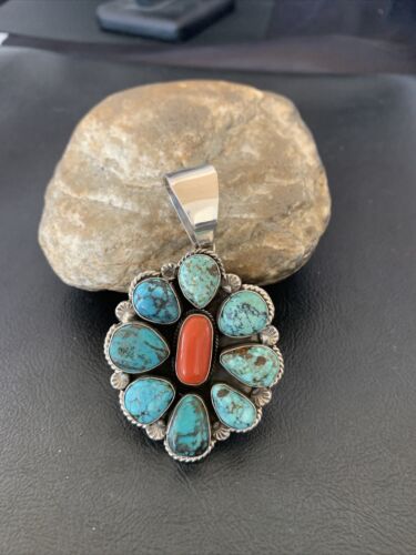 Navajo Cluster Coral Spiderweb Turquoise Pendant | Sterling Silver | Authentic Native American Handmade | 2227
