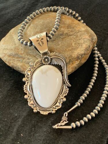 White Buffalo Turquoise Pendant Necklace | Navajo Sterling Silver | Authentic Native American Handmade | 4240