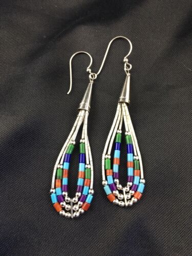 Handmade Liquid Silver Heishi Dangle Earrings | Turquoise Coral | Sterling Silver | 2" | 2009