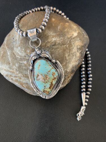 Men's Navajo Blue Dry Creek Turquoise Pendant | Sterling Silver | Pearl Necklace | Native American | 12970