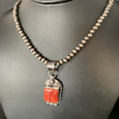 Navajo Red Spiny Oyster Square Pendant Necklace | Sterling Silver | Authentic Native American Handmade | 13634