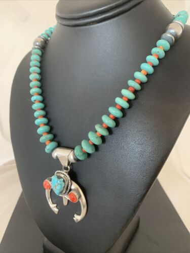 Navajo Pearls Sterling Silver Necklace | Blue Turquoise & Spiny Oyster Naja Pendant | Authentic Native American Handmade | 02059