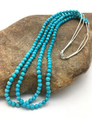 Navajo Blue Turquoise Faceted Bead Necklace | 2 Strand Liquid Sterling | Authentic Native American Handmade | 4368