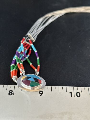 Multi-Color Liquid Silver Heishi 5-Strand Necklace | Sterling Silver Pendant | 14823