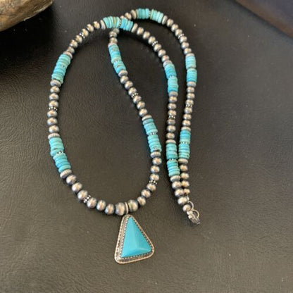 Men's Blue Turquoise Pendant Necklace | Navajo Pearls | Sterling Silver | Native American Handmade | 12616