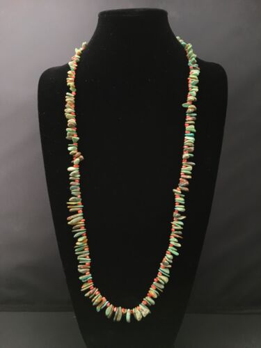 Navajo Green Turquoise & Spiny Oyster Necklace | Sterling Silver | 34" | Authentic Native American Handmade | 4738