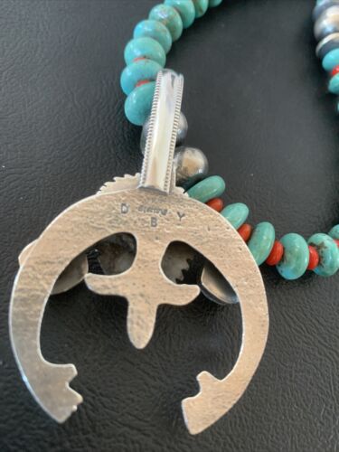 Navajo Pearl Necklace with Blue Turquoise & Coral | Sterling Silver Naja Pendant | 02062