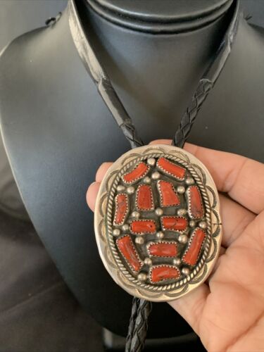 Navajo Men's Bolo Tie | Natural Red Coral Cluster | Sterling Silver | Authentic Native American Handmade | 13671