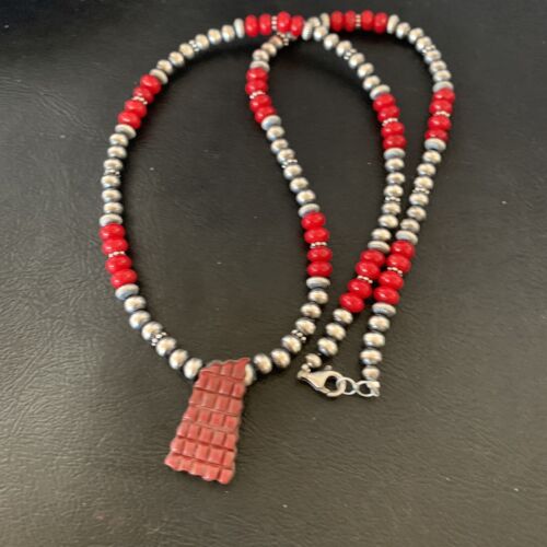 Navajo Red Coral Corn Inlay Necklace Pendant | Sterling Silver | 21" | Authentic Native American Handmade | 12585