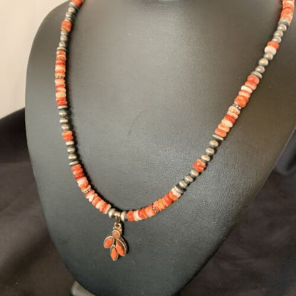 Navajo Pearl Necklace with Red Apple Coral, Spiny Oyster Pendant | Authentic Native American Sterling Silver | Multi-Stone | 12388