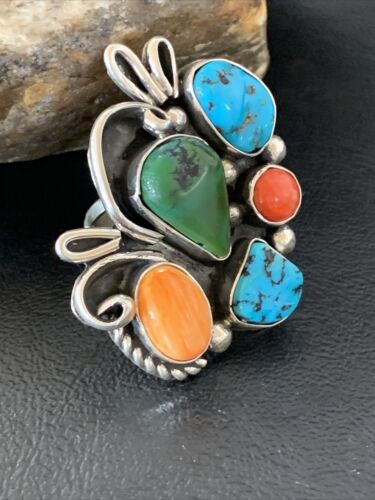 Native American Navajo Sterling Silver Ring | Blue Turquoise & Spiny Oyster | Multi-Stone | Sz 9.5 | 2160