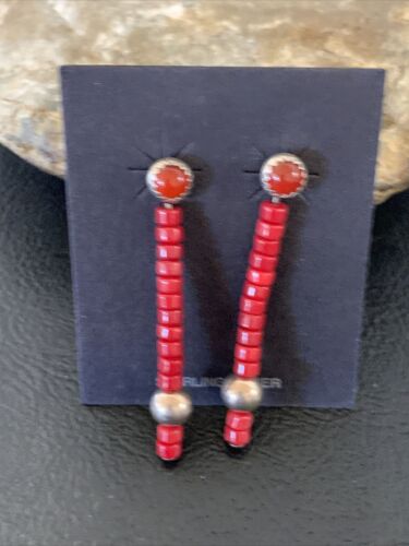 Navajo Pearl Heishi Dangle Earrings | Sterling Silver Red Coral Tube | 1.5" | 13051