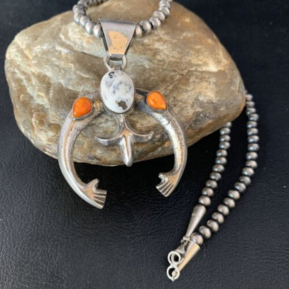 Navajo White Buffalo Turquoise & Spiny Oyster Naja Pendant | Sterling Silver | Authentic Native American Handmade | 13647