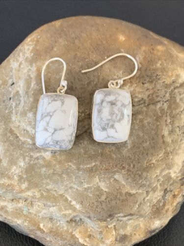 Navajo Sterling Silver White Howlite Black Dangle Rectangle Earrings | 0.75" | 12071