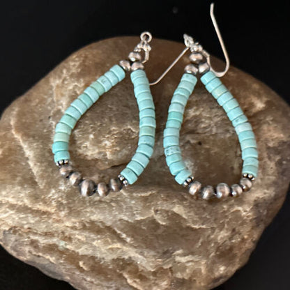 Navajo Blue Turquoise Heishi Dangle Earrings | Sterling Silver | 2" | Authentic Native American Handmade | 14363